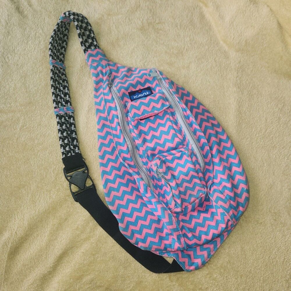 KAVU Rope Sling Canvas Outdoor Bag Pink Teal Chevron Zigzag Pattern VGC